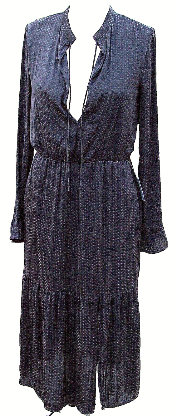 Long Black Sheer Polka Dot Blouson Dress Tiered Button Up V-Neck Long Sleeve NWT